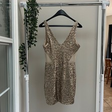 Gently Used Bebe Addiction Gold Sequin Mesh Cutout Mini Dress Sleeveless S picture