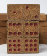 Antique Embossed Wooden Domino Set 40pc Double-Nine Red Dots picture