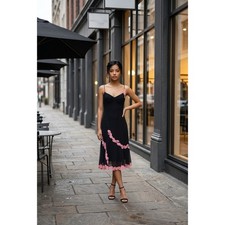 RARE BCBGMAXAZRIA Black Midi Dress Pink Floral Lace Trim Sweetheart Slip Dress 6 picture