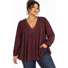 Les Serein Laurie V Neck Knit Top Women 3X Brown Burgundy Paisley NWT picture