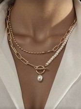 Vintage Baroque Pearl & Paperclip ChainNecklace - Elegant Toggle Clasp picture