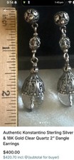 Authentic Konstantino sterling silver 925 & 18k gold clear Quartz 2” Dangle. picture