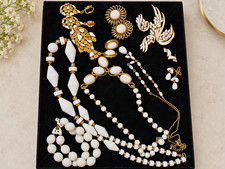Vintage Signed White Milk Glass Jewelry Lot Trifari Emmons ART Gold Tone picture