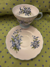 Rosina English Bone China, Cup & Saucer Forget-Me-Nots BLUE Trim PERFECT picture