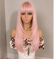 Light Pink Friday Wigs for Long Straight Layers Bangs Human Hair Blend Nicki picture