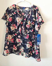 CHAPS Womens Plus 2X Floral Chiffon Polyester V-Neck Flutter Sleeve Blouse picture