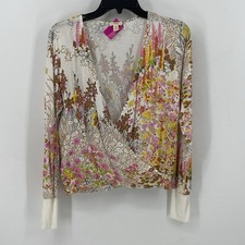 Tiny Anthropologie Callie Floral Faux Wrap Blouse Top Pink White Long Sleeve S picture