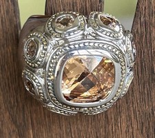 Mexico 925 Sterling Silver Peach Stone Statement Ring Gold Vermeil Size 7.25 picture