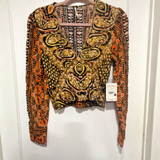 Free People Women’s XS Paisley Boho Blouse Black V-Neck Long Sleeve picture