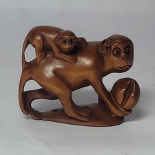 Signed Japanese Netsuke, Hand-Carved, Monkey Family Good Fortune, Boxwood, Rare picture
