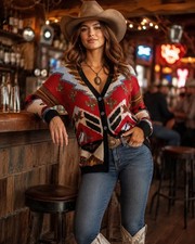 Vtg BEREK Hand Knit Western Cowboy Cardigan Sweater M Cactus 90s Embellished picture