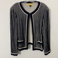 St. John Women’s Jacket Large Blue Beige Stripe Textures Hook Close Wool picture