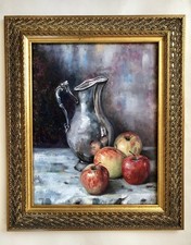 18x15” Original Oil Painting Silver Pitcher Apples Framed Signed By Artist picture