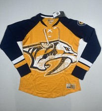 New Nashville Predators Shirt Womens Large Gold Navy NHL Hockey Majestic Lace Up picture