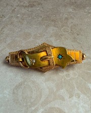 Victorian 14k Bloomed Two-Tone Gold, Turquoise, and Pearl Buckle Brooch picture