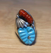 Rare Vintage Loyolita Othole Zuni Sterling Silver Turquoise Coral Ring Size 10 picture