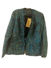NWT-DIALOGUE QVC Plaid Jacket  Blazer Fringed Front & Sleeve Multicolored Sz 16 picture