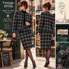 1970s French Wool Skirt Suit – Gainon Paris Green Plaid Blazer & Skirt Set picture