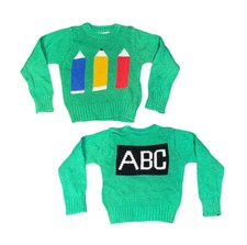 Vintage JG Hook Kids Green Knit Sweater Size Small Pencils & ABCs School Time picture