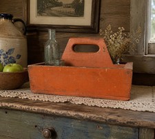 handmade wooden tool carrier caddy tote primitive farmhouse country Orange Paint picture