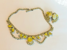 Vintage Vaseline Opalescent Glass Rhinestone Necklace And Earrings Set picture