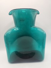 Signed Blenko Handcraft 2000 Teal Art Glass Vase/Double Spout Water Bottle 8