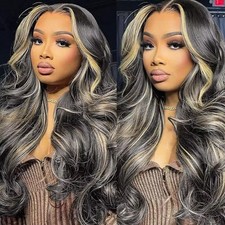 QUANDIAN 28 Inch 13x6 Balayage Highlight Lace Front Wig Human Hair 13x6 HD La... picture