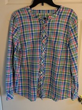 Talbots Women's Blouse XL Button Up Shirt Plaid Green Blue Pink White Ruffle Top picture