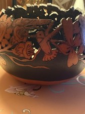 Vintage Hand Carved Gourd Bowl Floral Pyrography Wood Burned Folk Art Decorative picture