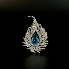 London Blue Topaz & Pavé Diamond 14K White Gold Over Peacock Feather Brooch Pin picture