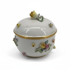 Antique Meissen Porcelain Floral Trinket Box Applied Flowers Crossed Swords Mark picture