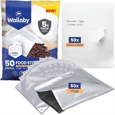 Wallaby 50ct 1 Cup Mylar Bags 10 Mil Heat Seal Food Storage w/ Labels picture
