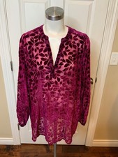 Torrid Fuchsia Floral Velvet Sheer Long Sleeve V-Neck Top, Size 0 picture