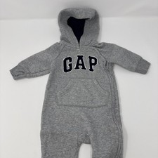 GAP Hooded Gray Coverall One-Piece Cotton Blend 0-3 Months Zip Footed Pockets picture