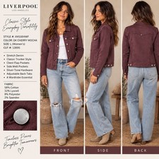 Liverpool Los Angeles Denim Trucker Jacket Women L Dark Cherry Mocha Stretch picture