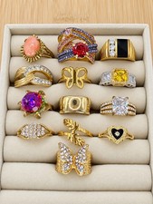 Lot of 13 Vintage Gold Tone Fancy Cocktail Rings 18k GE Gemstones CZ picture
