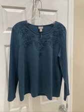 Chicos NWT Womens Sz 1 Pull Over top Gorgeous Blue beautiful Print Long sleeve picture