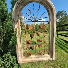primitive antiques Wrought Iron ART   Work In Farmhouse Window Frame picture