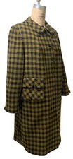 Vintage Late 60s Women's Black + Mustard Brown Mod Wool Check Car Coat - Sz L picture