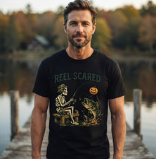 Reel Scared Halloween Skeleton Fishing T Shirt Mens Graphic Tee Fisher Tee S-5XL picture