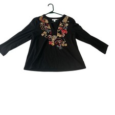 Chicos Black Embroidered Floral V-Neck Long Sleeve Knit Top Blouse Size 1 M picture