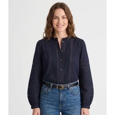 Madewell Top Womens 2XS Lace Insert High Neck Pintuck Top Classic Navy NZ418 XXS picture