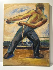 Jo Cain PAINTING ANTIQUE WPA  SHIP WORKER LISTED AMERICAN REGIONALISM OIL LARGE picture