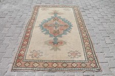 4x6 ft Vintage Turkish Handmade Oushak Rug in Beige, Blue Anatolian Ethnic Decor picture