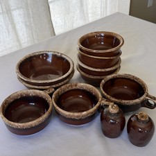 Vintage Hull Brown Drip Pottery Bowls Soup Crocks Salt Pepper 12 Pc Lot USA picture
