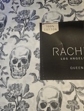 NEW Rachel Zoe QUEEN Halloween Sheet Set Grey Skulls & Flowers Sold Out sheets picture