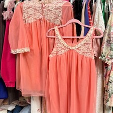 Vintage Siren Lingerie Union Made Hot Coral Babydoll Robe Set Pink Lace Medium picture