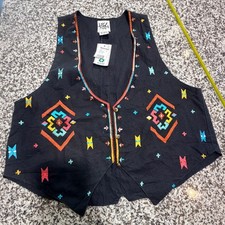 VTG Ragstock Embroidered Waistcoat Vest Womens  Black Cotton Boho Indie Fairy picture