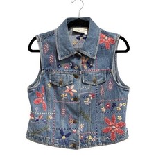 Vintage Susan Bristol Casuals Denim Vest Floral Embroidery Patchwork Small picture