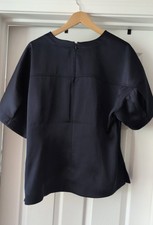 Banana Republic Navy Satin Polyester Blouse Short Sleeve Crew Neck Zip Back 18 picture
